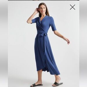 Quince Women Tencel Jersey Midi Wrap Dress Navy Basic Sleeved M